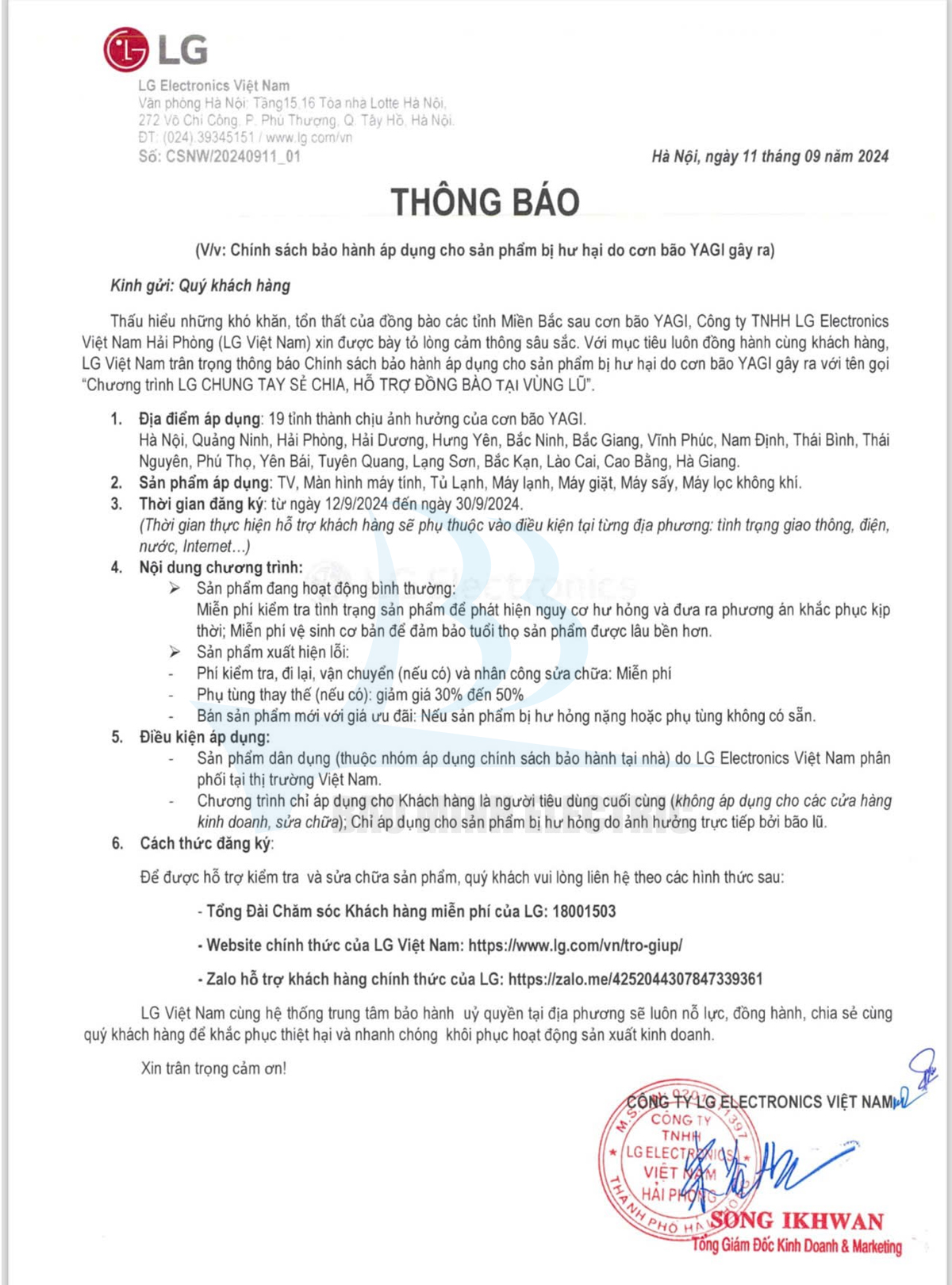 LG Thông báo chính sách bảo hành sản phẩm do bão YAGI