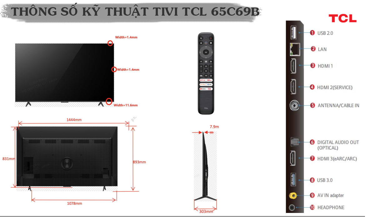 Thông số kỹ thuật Tivi TCL 65C69B QLED 65 inch 4K Google TV