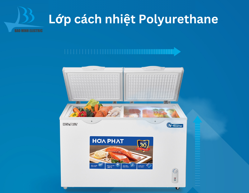 Lớp cách nhiệt làm bằng Polyurethane có khả năng duy trì nhiệt độ bên trong tủ đông Hòa Phát Inverter 352 Lít HPF AD8352