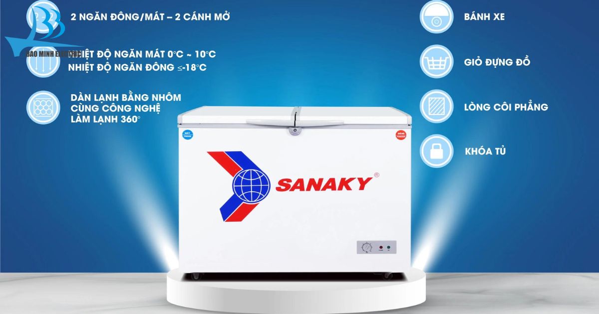 Tủ đông dàn lạnh nhôm Sanaky VH405W2 với thiết kế kiểu vali có 2 ngăn