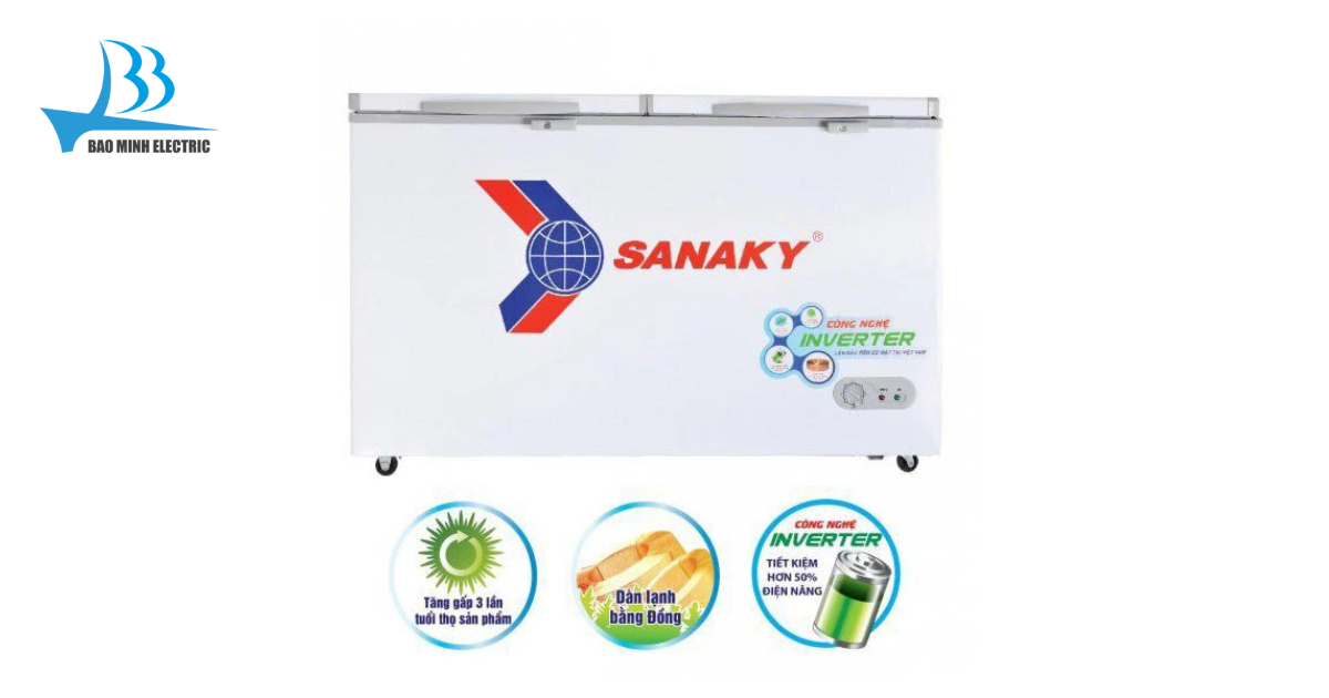 Tủ đông Inverter Sanaky VH-2599W3 210 lít có 4 bánh xe chịu lực