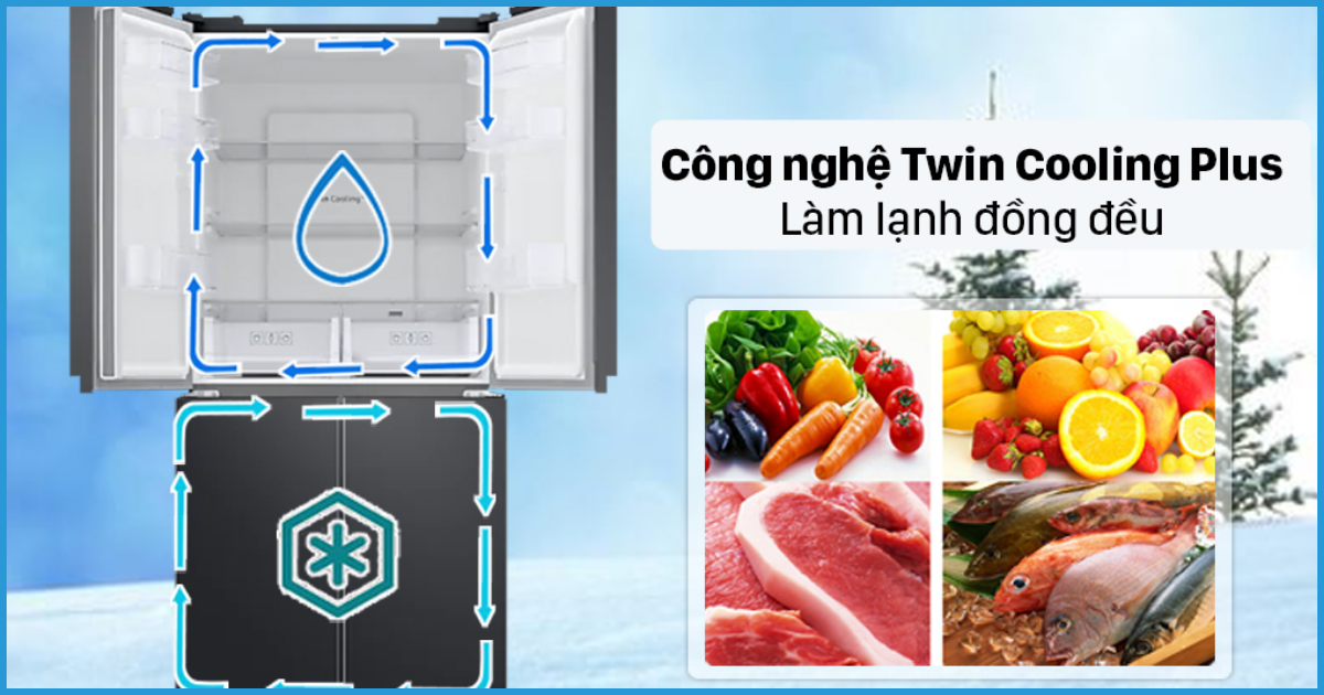Công nghệ Twin Cooling Plus đảm bảo nhiệt độ lạnh đồng đều, thực phẩm luôn tươi mát