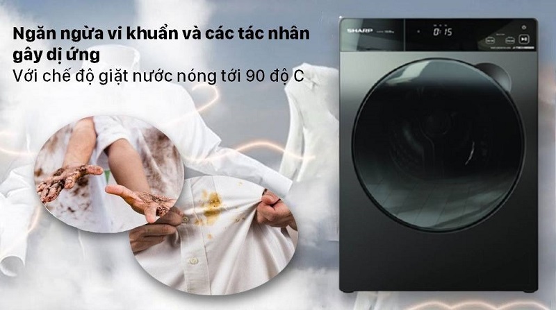Chế độ giặt hơi nước nóng tới 90 độ C giúp ngăn ngừa vi khuẩn