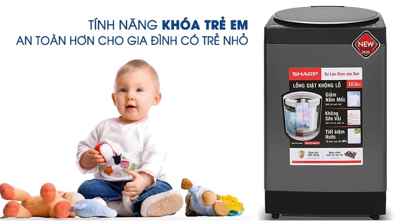 Máy giặt Sharp ES-Y100HV-S được trang bị tính năng khóa an toàn cho trẻ em