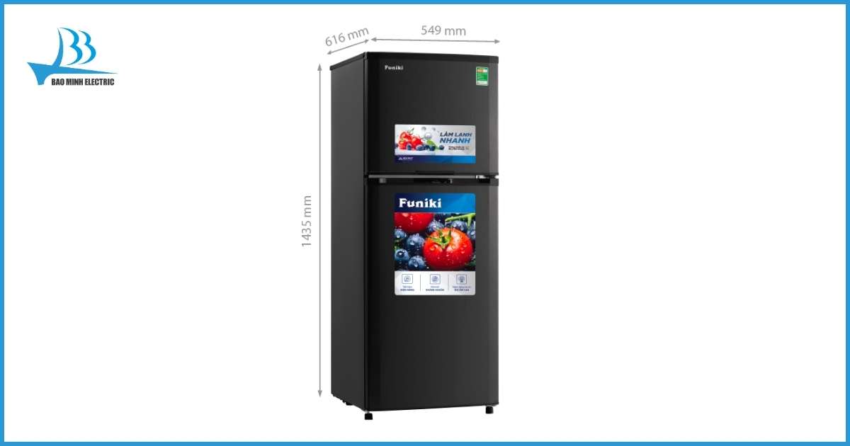 Mẫu tủ lạnh Funiki HR T6209TDG 209 lít khá nhỏ gọn, kích thước (RxCxS) chỉ 549x1435x616 mm, phù hợp lắp đặt với cả những không gian bếp hạn chế nhất.