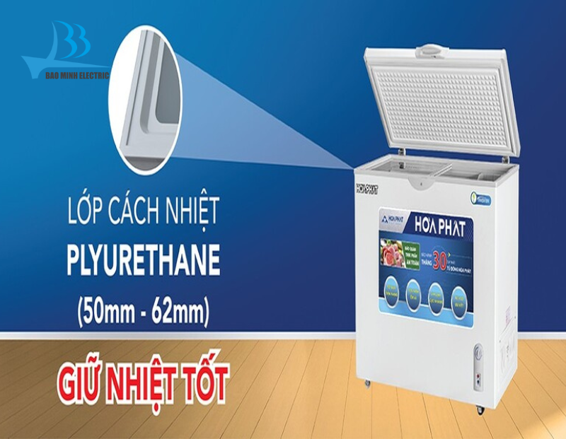 Lớp cách nhiệt Polyurethane của tủ đông Hòa Phát HPF AD8252 có độ dày 67.5mm giúp cách nhiệt hiệu quả