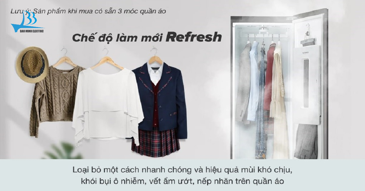 Với chế độ làm mới quần áo trên Tủ chăm sóc quần áo LG S5MB, quần áo sẽ được xử lý bằng hơi nước nóng 