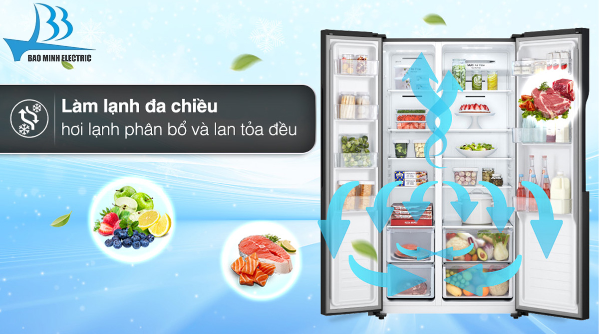 Công nghệ làm lạnh đa chiều Multi Air Flow phân phối khí lạnh đều khắp các ngăn tủ