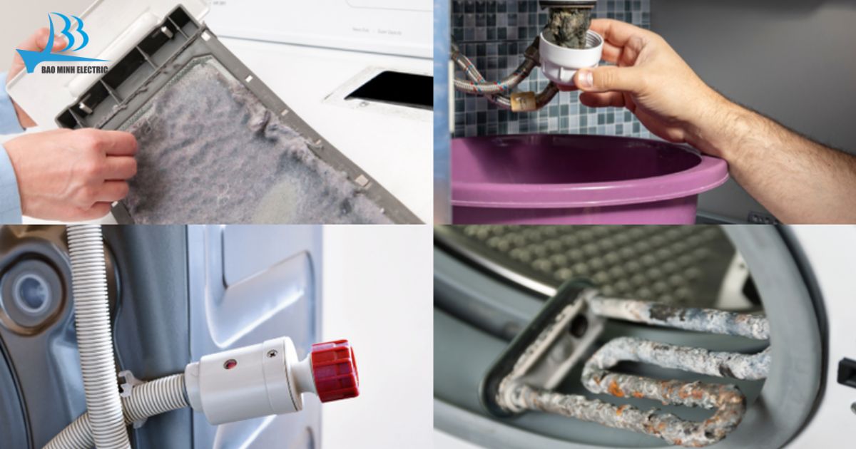 Bộ lọc bơm xả bám cặn hoặc mắc dị vật khiến nước không thoát và máy dừng giữa chừng