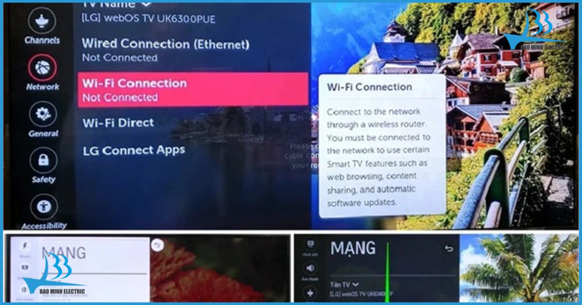 Truy cập mục Cài đặt mạng để kết nối wifi cho TV LG